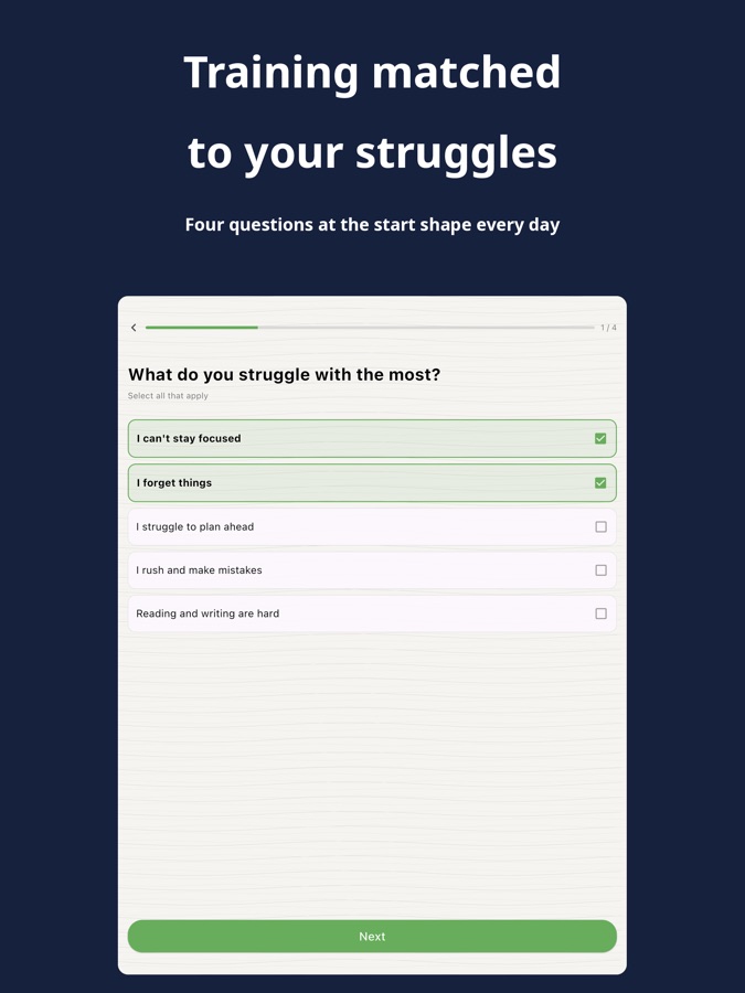 BrainDojo setup question asking what you struggle with most, with focus and forgetfulness checked