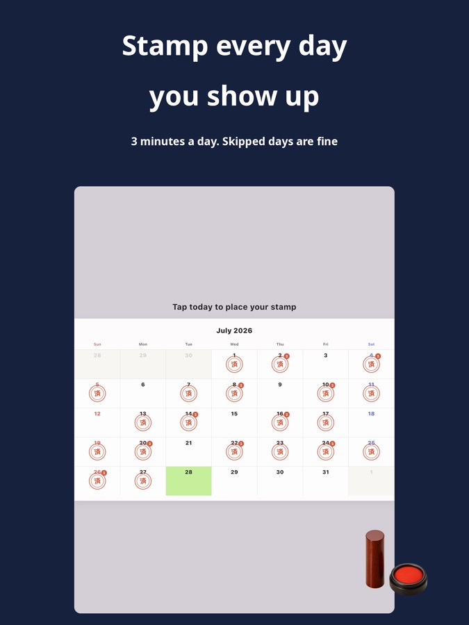 BrainDojo calendar where you tap today's date to place a stamp after your daily 3 minute training