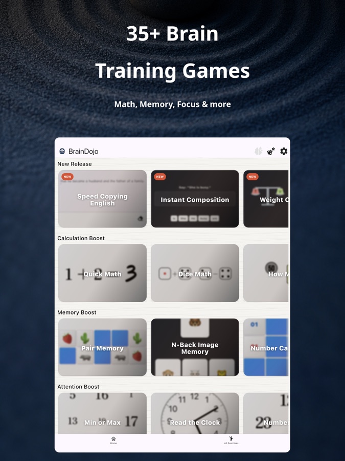 BrainDojo game list on iPad with calculation, memory and attention brain training games