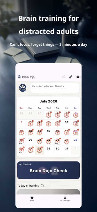 BrainDojo home screen with a monthly calendar of stamped training days and the Brain Dojo Check button