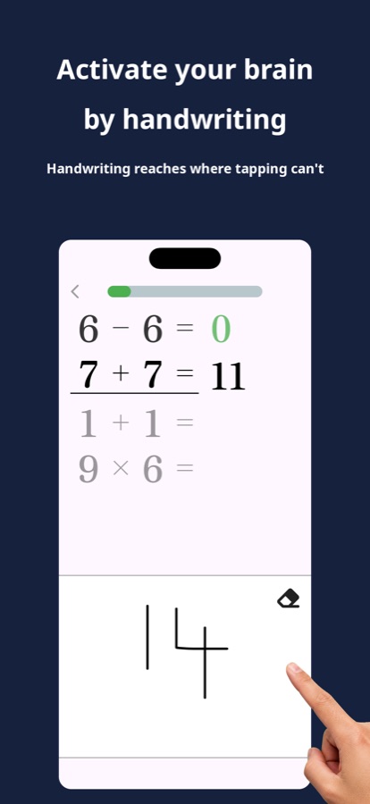 BrainDojo handwriting brain training: the user writes the answer to a mental math problem with a finger