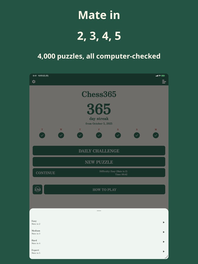 Chess365 on iPad: choosing a difficulty from mate in 2 to mate in 5