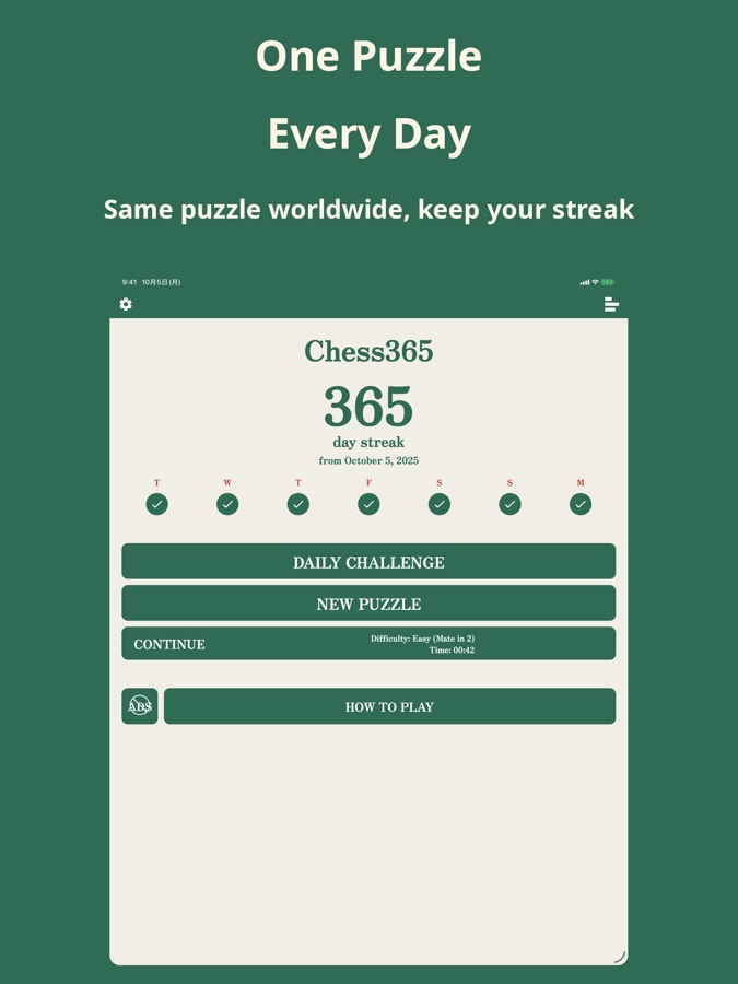 Chess365 on iPad: the home screen with the streak and the daily challenge
