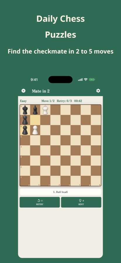 Chess365 mate in 2 puzzle on the wooden board, with the first moves shown under the board