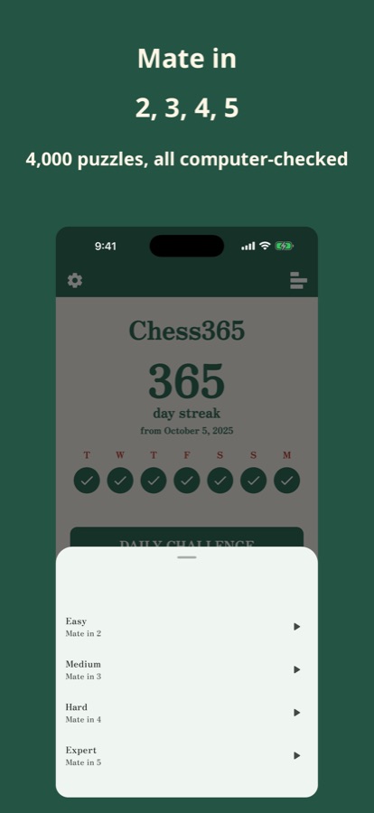 Chess365 difficulty picker: Easy mate in 2, Medium mate in 3, Hard mate in 4, Expert mate in 5